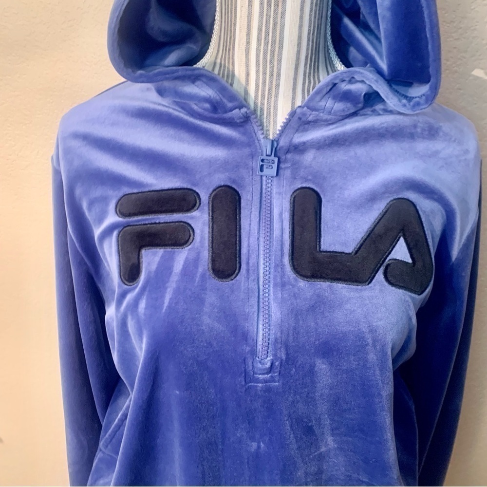 FILA Velour Hoodie Sweatshirt Medium Quarter-Zip Pockets Elastic Waist & Cuffs - Picture 3 of 15